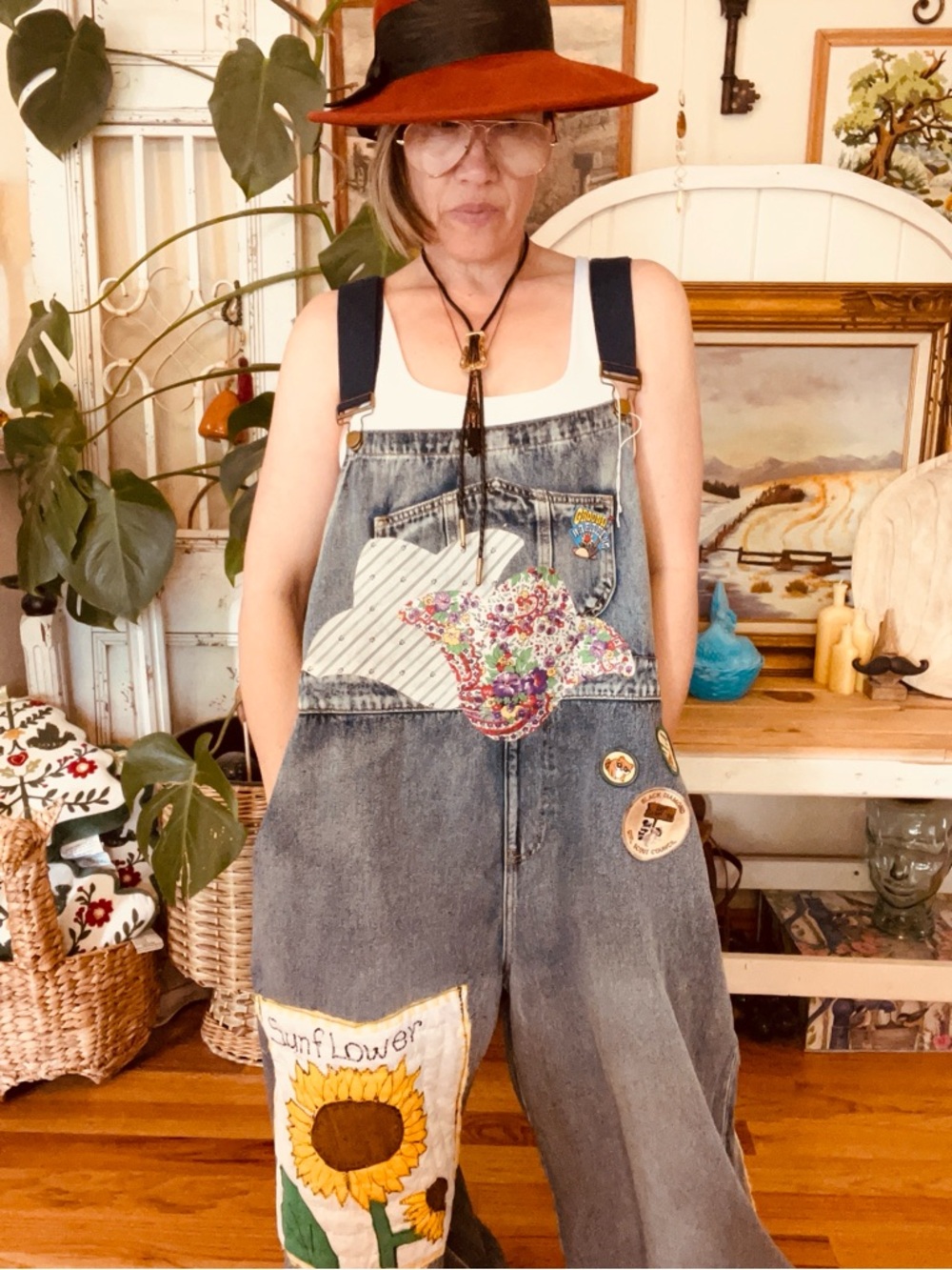 OOAK Vintage Gardening Eclectic Grandpa Upcycle Overalls Quilted Poppy